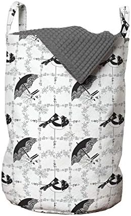 Bolsa de lavanderia vintage de Ambesonne, mulheres elementos temáticos de moda retro chapéus luvas guarda -chuva e sapatos, cesto de cesto com alças fechamento de cordão para lavanderias, 13 x 19, preto branco pálido branco