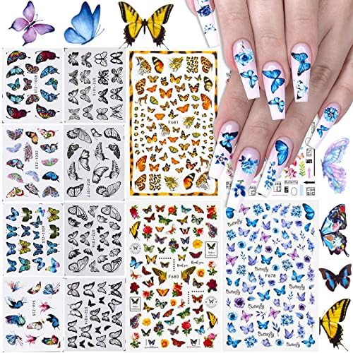 Hinzic 18 folhas Auto-adesivo Fluste Butterfly Nail Art Starters transferência de água adesivos de unhas de borboleta para unhas Art Spring Decalques de unhas de unhas Decals de arte de unhas Design de unhas Decorações do dia dos namorados