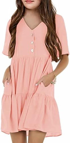 Tymidy Girls Dress Casual Button Summer B Neck de manga curta Bainha Flowy Swing Mini vestidos
