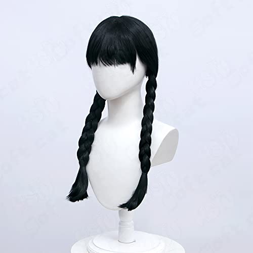 HSIU quarta -feira Addams Cosplay peruca anime quarta -feira peruca preta preta de cabelo de cabelo duplo resistente