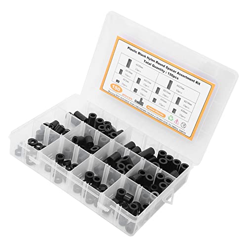 Viagasafamido 150pcs kit de sortimento de espaçador redondo de nylon preto 3mm 4mm 5mm 8mm 10mm 12mm 15mm 18mm 20m