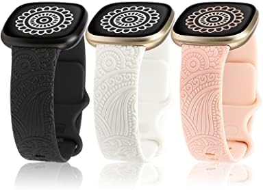 Toyouths 3 pacotes boho gravados bandas compatíveis com fitbit versa 4/Fitbit Sense 2/Fitbit Versa 3/Fitbit Sense for Women Girl, esporte Flor de silicone