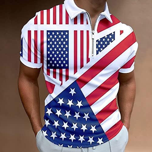 Men's American Flag Imprime Camisetas de pólo Zipper Mangas curtas impressões 3D T Tops de pólo casual de verão de verão