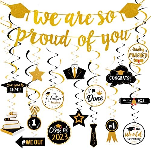 Teling 31 PCs graduação pendurada decoração de bandeira decoração de preto e dourado decoração de graduação 2023 Estamos