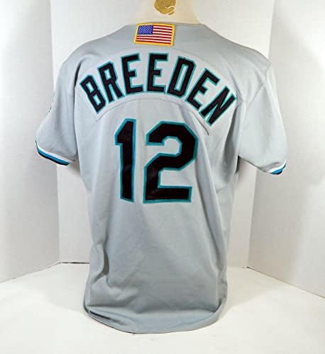 2001 Florida Marlins Joe Breeden 12 Game usou Grey Jersey 911 Flag Patch 178 - Jerseys MLB usada MLB usada