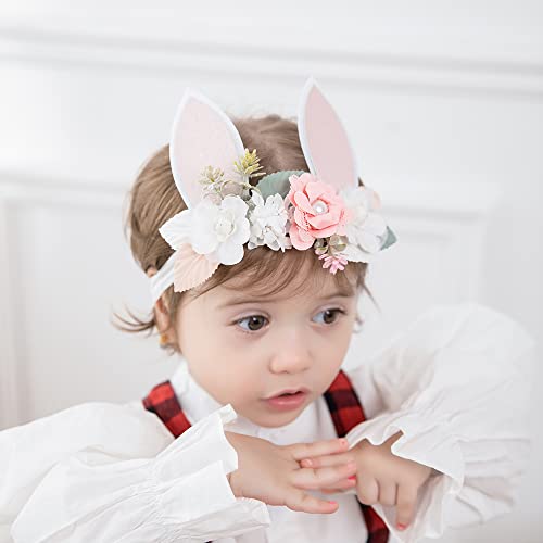 Qiaoyibei menina bandana de cabeça longa orelhas de coelho glitter rosa combinação 3pcs Flores da rede de fios de renda