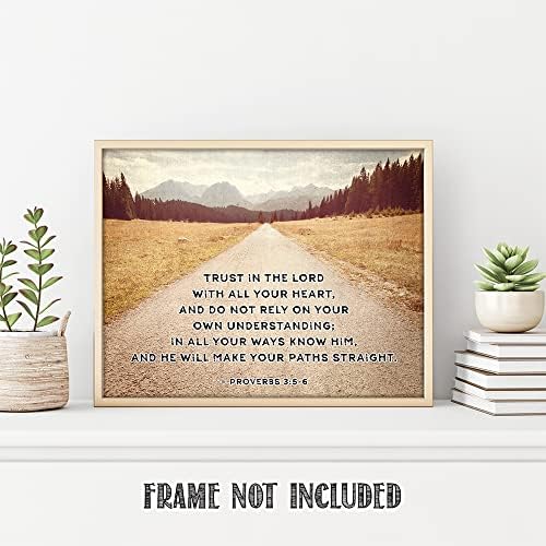 Provérbios 3: 5-6 Confie no Senhor With All Your Heart Verso da Bíblia Motivacional Arte da parede - sem moldura 11 x 14 Retro Road Mountain Landscape Print - Inspirational Presente para Família e Amigos com menos de US $ 15