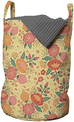 Bolsa de lavanderia floral lunarável, flores florescendo folhas frutas e borboletas, cesta de cesto com alças fechamento de cordão para lavanderia, 13 x 19, pastel marrom multicolor