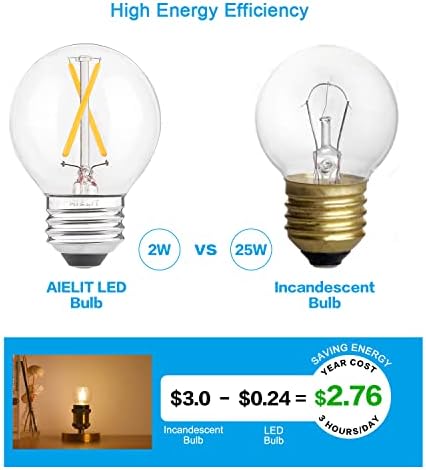 Lâmpadas LED de LED de 2 watts diminuídas de 2 watts, lâmpadas brancas quentes de 2700k, A15/A50 LED, base média e26, bulbo