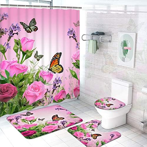 Ikfashoni 4 PCs Cortina de chuveiro rosa rosa Conjunto com tapete não deslizante, tampa da tampa do vaso sanitário e tapete de banho, cortina de chuveiro de borboleta floral com 12 ganchos, cortina de chuveiro à prova d'água para banheiro