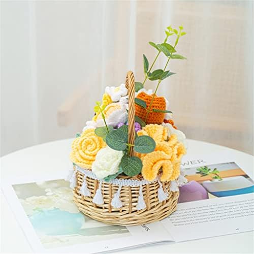 Renslat Yarn Crochet Basquete amarelo Flores artificiais tricotadas à mão Decoração de casa de buquê Diy Bouquet