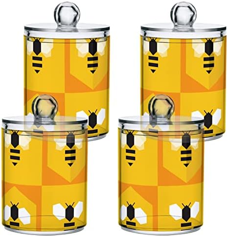 Yyzzh abelha fofa em favo de mel honeybee design 4 pack qtip titular dispensador para algodão swab ball redond phloss Floss 10 oz jarro de boticário para banheiro organizador de maquiagem de armazenamento