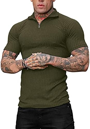 XXBR Camisas de pólo muscular masculino Menina de manga curta Vista V zíper do pescoço Casual clássico Slim Fit Workout