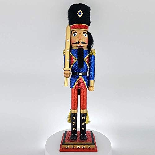 Soldado de figura de quebra de nozes de Natal com jaqueta azul vermelha e detalhes amarelos e sparkle strass grande