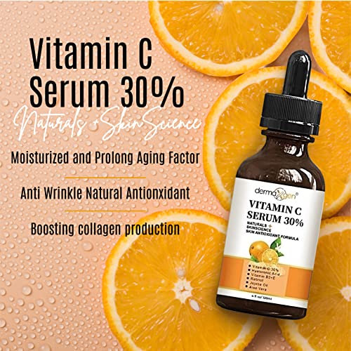 Dermaxgen 30% de soro de vitamina C para face, ácido hialurônico + vitamina + jojoba + aloe vera- natural e orgânico