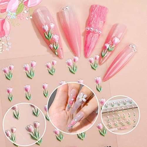 Adesivos de unhas de cereja tulip 3D Auto-adesivo Padrões de frutas de flores rosa Decalques de unhas para manicure Design de arte dos namorados Decoração de unhas de verão 2 folhas