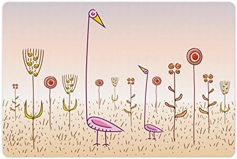 Tapete de estimação exótico lunarable para comida e água, paisagem abstrata com flores de fantasia Flamingos Wildlife Theme, retângulo de borracha sem deslizamento para cães e gatos, multicolor