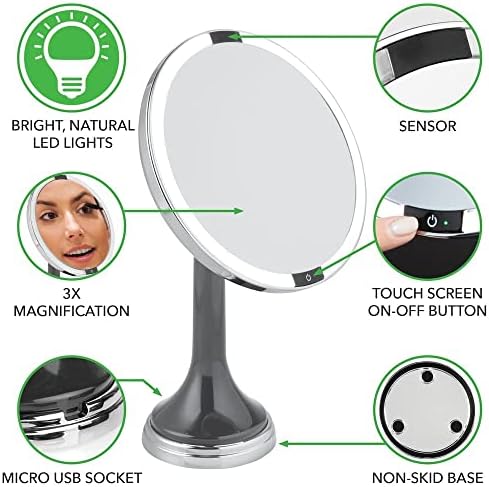 Mdesign Modern Motion Sensor LED Makeup Banheiro Vaidade Mirror, grande redonda de 8 , ampliação 3x, Mãos livres, recarregáveis ​​e sem fio - cinza/cromado