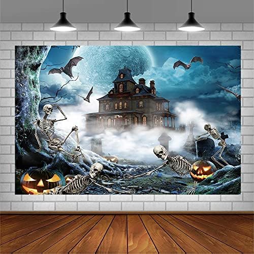 Sendy 7x5ft Halloween Blue Hallowmas Decorações de festas de festas para crianças crânio cemitério Bat Bat Ghost Vampire Castle