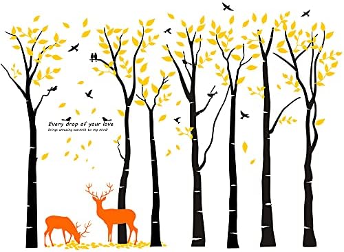 7 Decalques da parede da árvore preta gigante Gigante Jungle Parede Diy Removível Vinil Autumn Amarelo Folhas Pássaros Passeio de