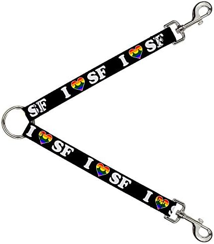 Buckle-Down Dog Leash Splitter I Ponte do coração SF preto arco-íris branco 1 pé de comprimento 1 polegada de largura