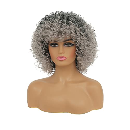 Amnenl Gray Afro Afro Wig Curly Wig com franja para mulheres negras ombre cinza cheio e fofo como uma bomba curta