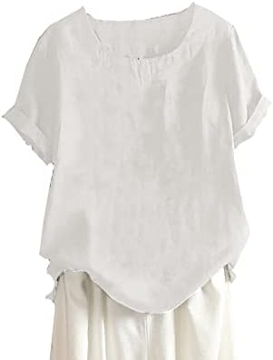 T-shirt feminina de linho de algodão de manga curta no verão de cor sólida color