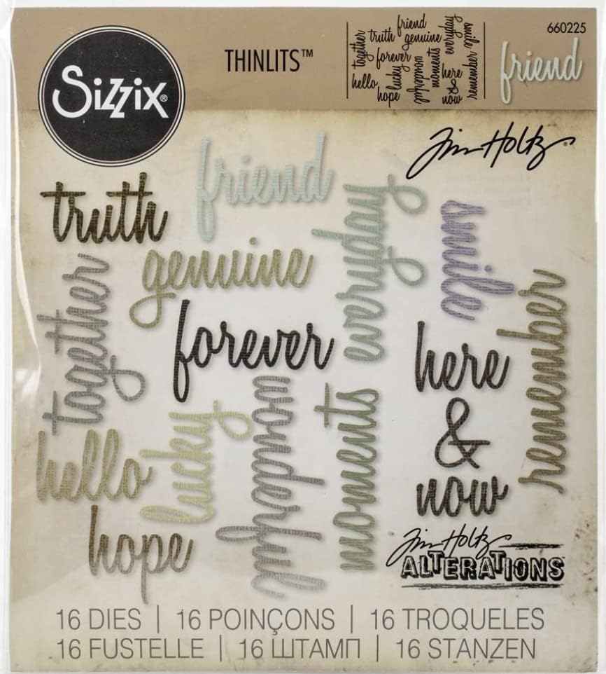 Tim Holtz Sizzix Thinlits Words Dies, pacote de 3 sets, celebração, amizade e férias e pick