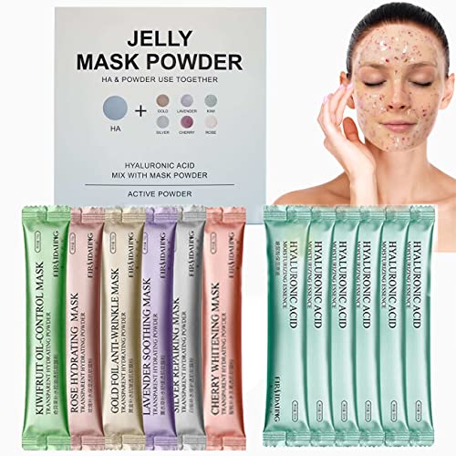 Geléia de máscara facial descascada Off Crystal Face Jelly Máscara em pó Hidratante O gel removeu de borracha, conjuntos de essência do ácido hialurônico, rosa antienvelhecimento do spa de bricolage, ouro, prata, kiwi, lavanda, cereja em pó natural, máscara de geléia facial em pó, ácido