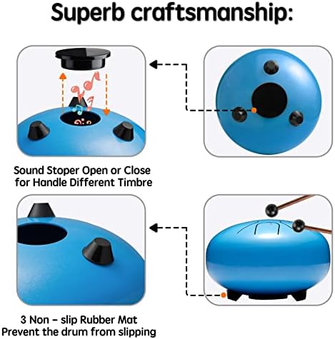 Tambor de língua de aço de lronbird, 6 polegadas 8 notas tambores mannual c-key, pequeno instrumento de percussão com saco de mallets para crianças para crianças adultos ioga zen som cura, presentes únicos