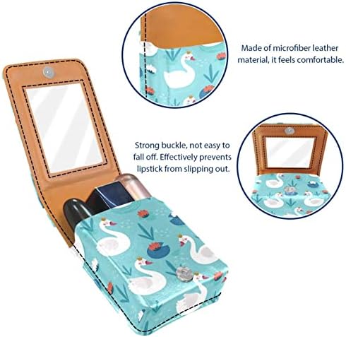 Cisne elegante com coroa água lótus pequeno portátil de couro de couro por portátil caixa de maquiagem de batom cosmético Bolsa de batom de batom com espelho com espelho