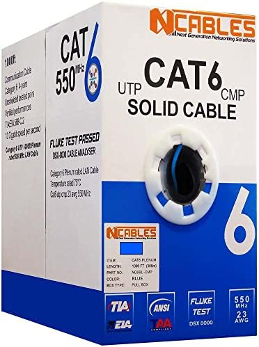 Cat6 Plenum Classificado em massa 23 awg | Analisador Fluke testado | UTP Ethernet Cable azul branco cinza preto, 1000 pés