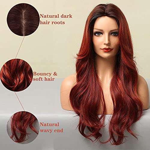 Jooler Red Wigs for Women ombre laranja a vermelha peruca parte média raízes escuras raízes longas ondula