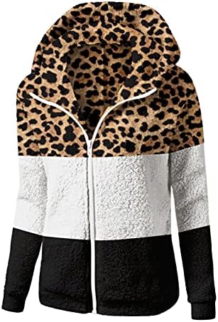 Overtomcoat com capuz feminino, quente de inverno, lã de lã de lã de lã grossa estampa de leopardo com zíper completo, mais tamanho de casaco de casaco fora da moda