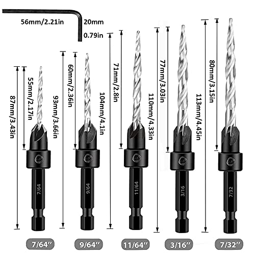 EYECH 5PC Wood Countersink Drill Bit Bit Set Drill Brill Chortersink Conjunto de 1/4 de hastes hexáticos para a madeira