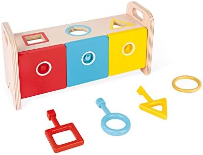 Janod Shape Sortter Box com chaves- brinquedo de classificação de madeira com formas geométricas- com mais de 18 meses- J05065