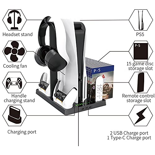 Auykoo PS5 Stand com estação de carregamento de controlador duplo e ventilador de resfriamento para PlayStation 5, suporte