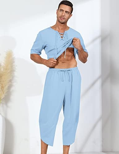 Babioboa masculino de linho de 2 peças de manga curta camisa hippie e calça de harém folggy capri calças de ioga de praia casual roupas