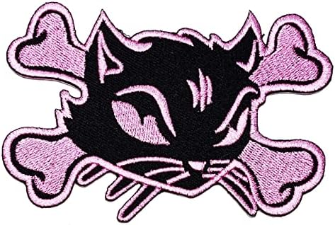 Kleenplus Pink e Black Cat Skull & Crossbones Iron on Patches desenho animado crianças estilo moda moda estilo bordado motivos de apliques de decoração de emblema figurino artes reparo de costura