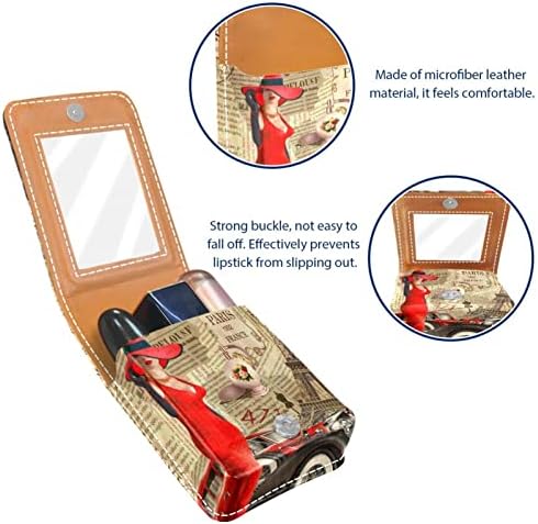 Lady Red Dresses Caso de batom retrô de papel velho para viajar para fora, mini bolsa cosmética de couro macio com espelho, saco de organizador de maquiagem portátil
