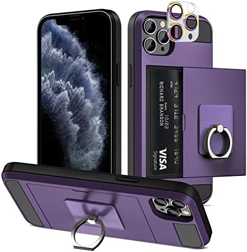 Vofolen para iPhone 11 Pro Max Case Wallet Titular de cartão de crédito com suporte de anel transparente Kickstand, lente de câmera Protetor de bolso oculto anti-arranhão camada dupla tampa protetora slim 6,5 Greypurple