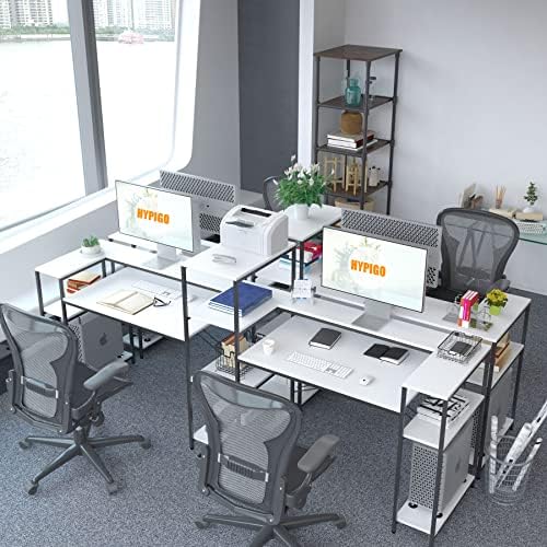 Hypigo 109 polegadas de mesa de computador duplo branco, estação de trabalho de mesa de duas pessoas com duas pessoas com prateleiras