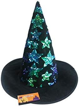 Halloween Bruxa de chapéu com estrelas de lantejoulas reversíveis. Chapéu reversível para festas de fantasia de lantejoulas. Tamanho