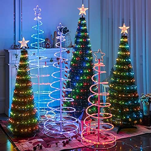 Árvore de Natal em espiral LED, luzes da árvore de Natal com capota de estrela, luzes de árvore em espiral ao ar livre dobráveis ​​para decorações de casamento de pátio de Natal, B, 59in