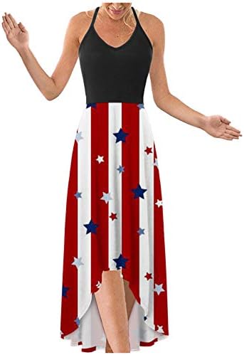 4 de julho Vestido maxi para mulheres Vestido Boho Casual Bandeira Americana Cami Scoop Pescoço Patriótico Discurso Patriótico