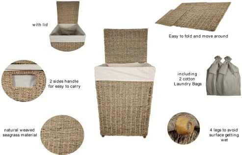 A loja Acacia Store Natural Square Bouragrass Roundry Turgo com 2 sacos de lavanderia algodão, dobráveis ​​com 4 pernas feitas de bambu, 2 alças, feitas no Vietnã, 16 x 16 x 24 polegadas