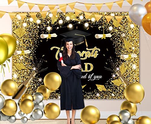 Caso -pano de graduação 2023 Parabéns Passo -pano de fundo do pano de formatura fotografia preto e dourado Glitter Glitter Cenário para Universidades Pós -Graduação Photandation Photography 10x6.5ft