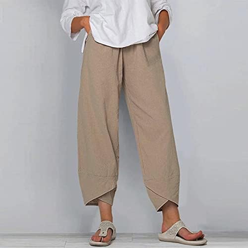 Firero Women Plus Size Pants de linho de verão Casual algodão solto e linho bordado com estampa larga perna larga Capri