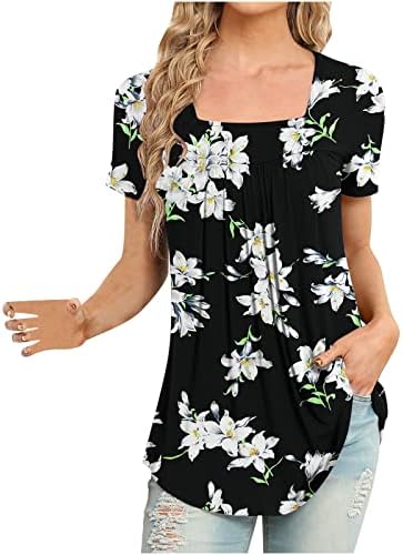Scoop pescoço camiseta feminino outono de verão de manga curta 2023 Algodão gráfico floral camiseta de blusa casual