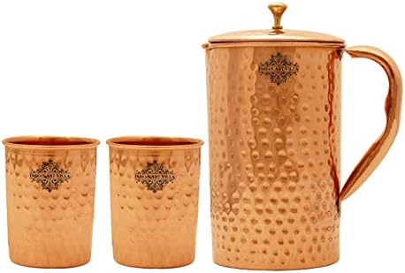 Indian Art Villa Copper Hammered Conjunto de 1 jarro de jarro 71 oz com 2 copo de vidro Copo 10 oz cada - armazenamento de água potável Hotel Hotel Restaurant Tableware Drinkware